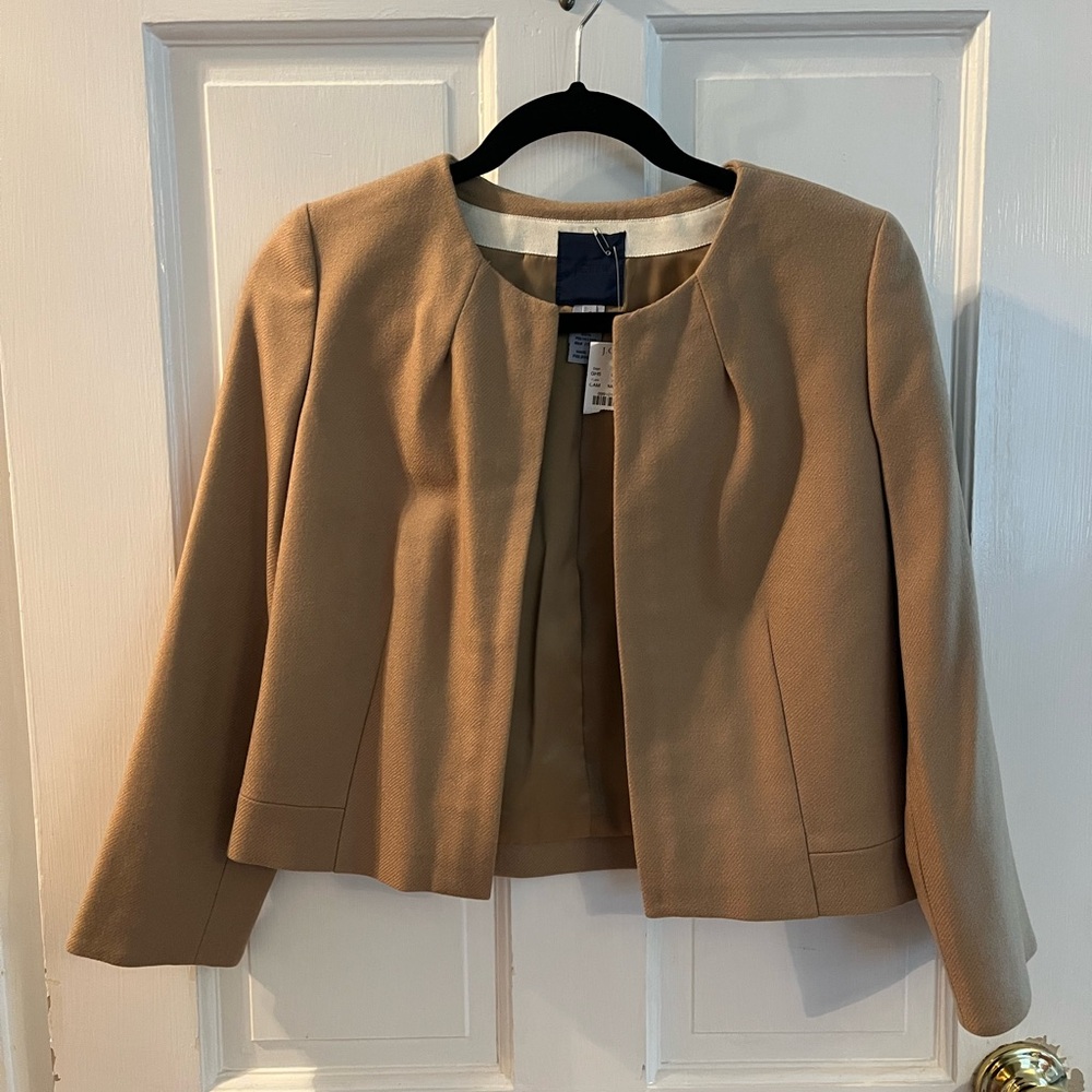 J. Crew Cropped Collarless Blazer in Camel